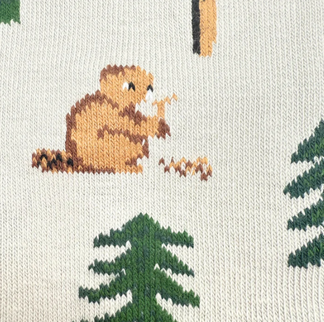 Women's Crew Socks - Bear in Hat & Trees